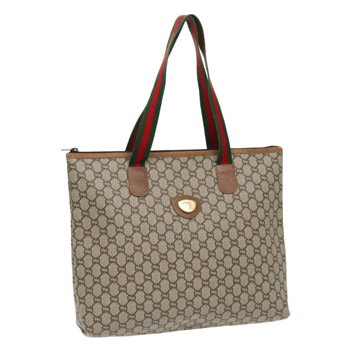 GUCCI GG Plus Supreme Web Sherry Line Tote Bag PVC Beige Red Green Auth ep6139