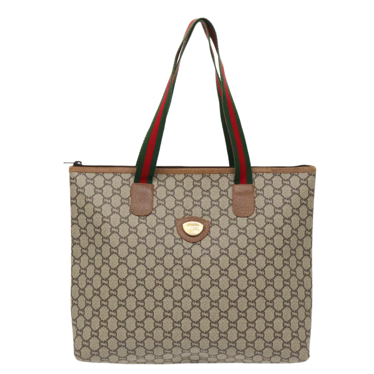 GUCCI GG Plus Supreme Web Sherry Line Tote Bag PVC Beige Red Green Auth ep6139