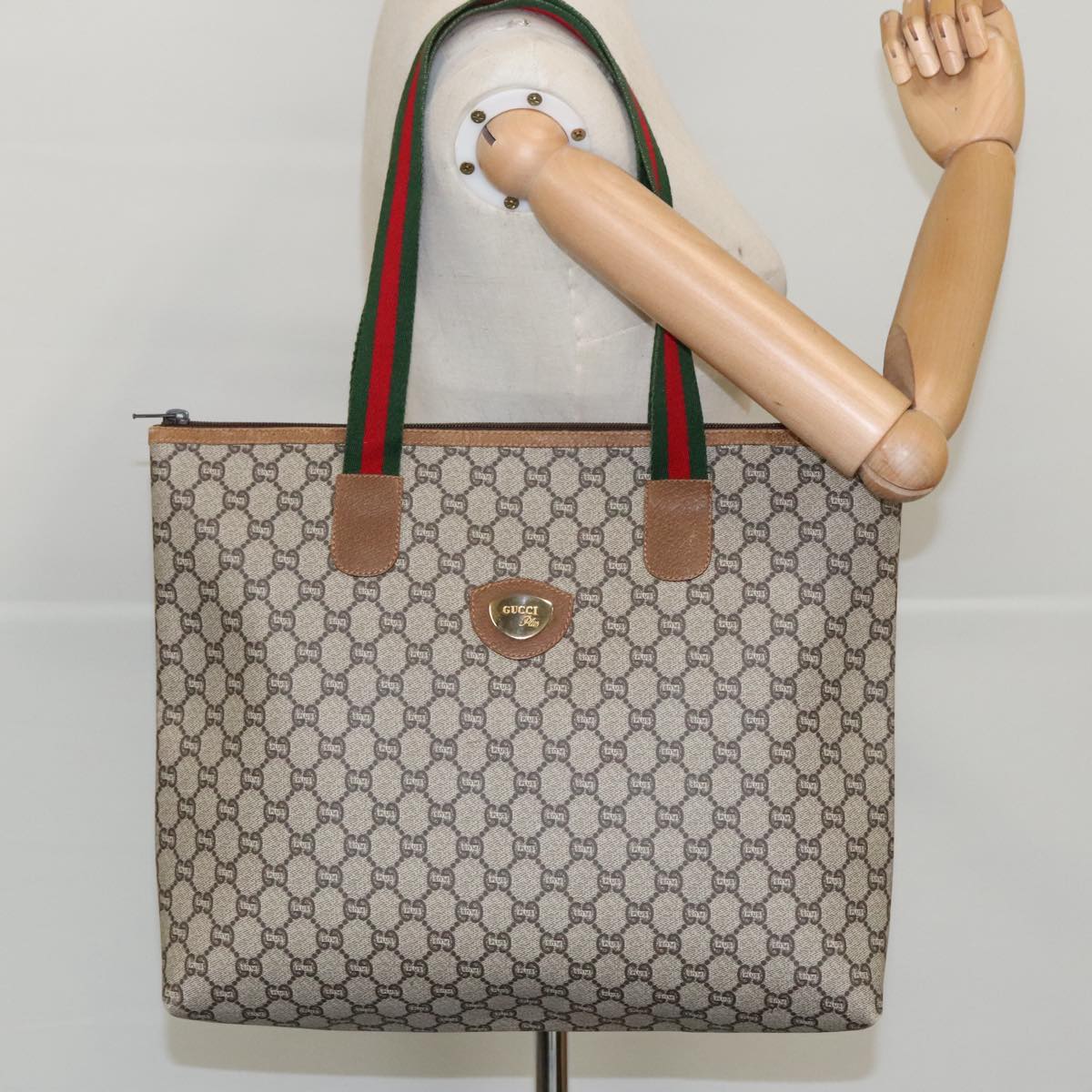 GUCCI GG Plus Supreme Web Sherry Line Tote Bag PVC Beige Red Green Auth ep6139