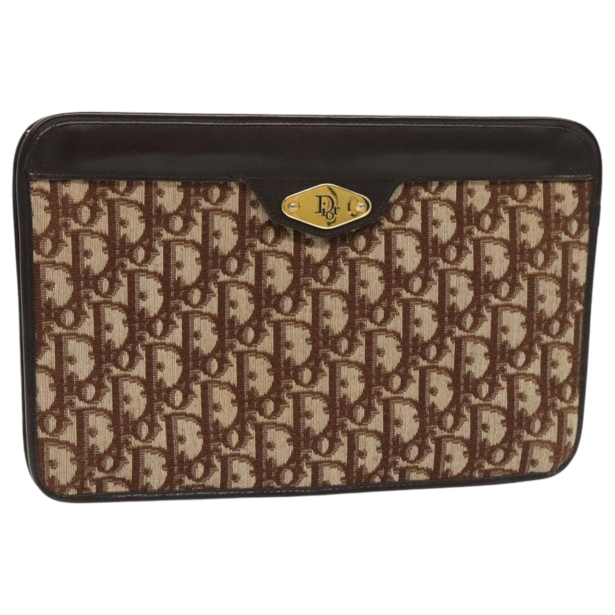 Christian Dior Trotter Canvas Clutch Bag Brown Gold Auth ep6145