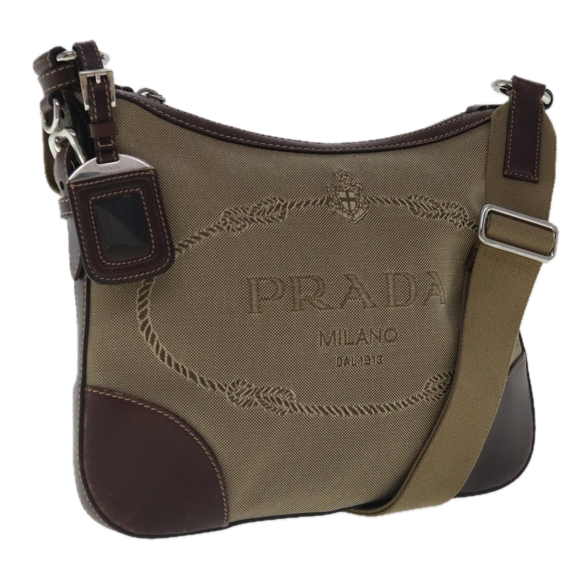 PRADA Shoulder Bag Canvas Beige Silver Auth ep6169