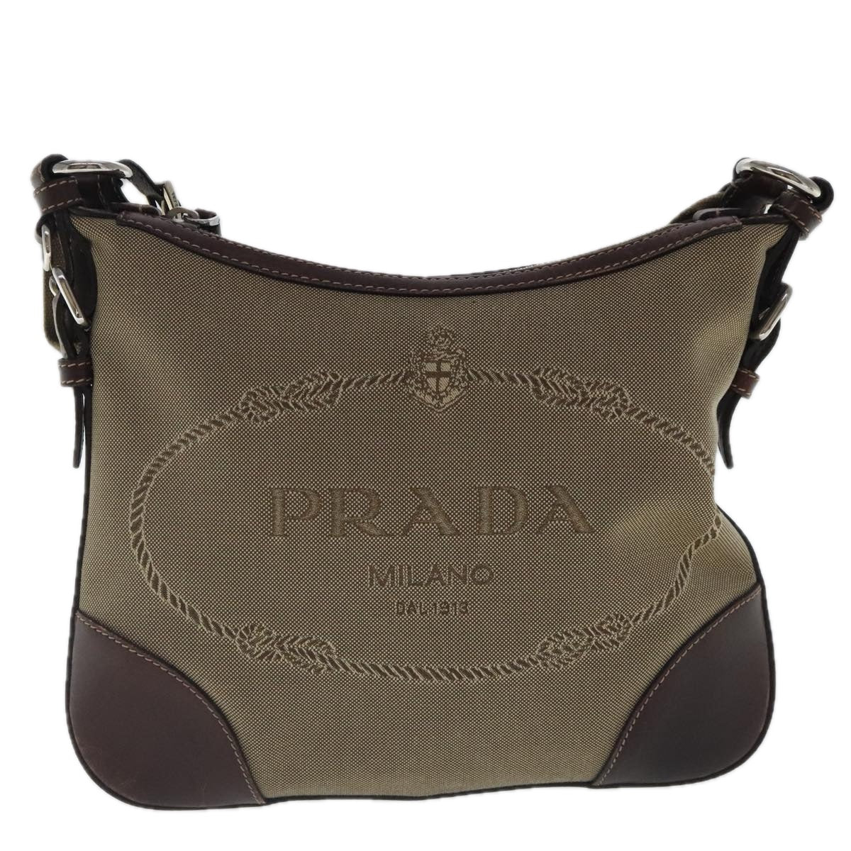 PRADA Shoulder Bag Canvas Beige Silver Auth ep6169