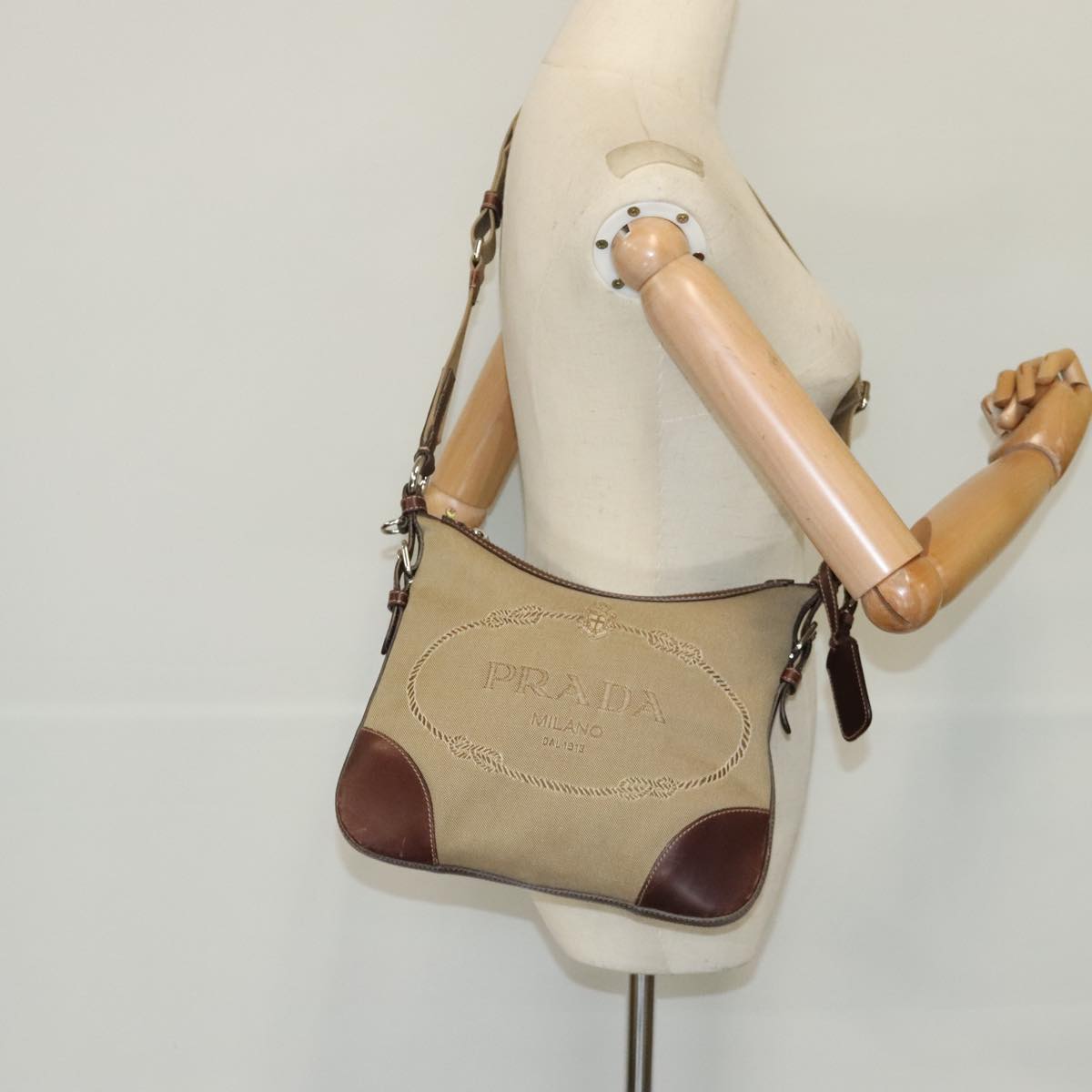 PRADA Shoulder Bag Canvas Beige Silver Auth ep6169