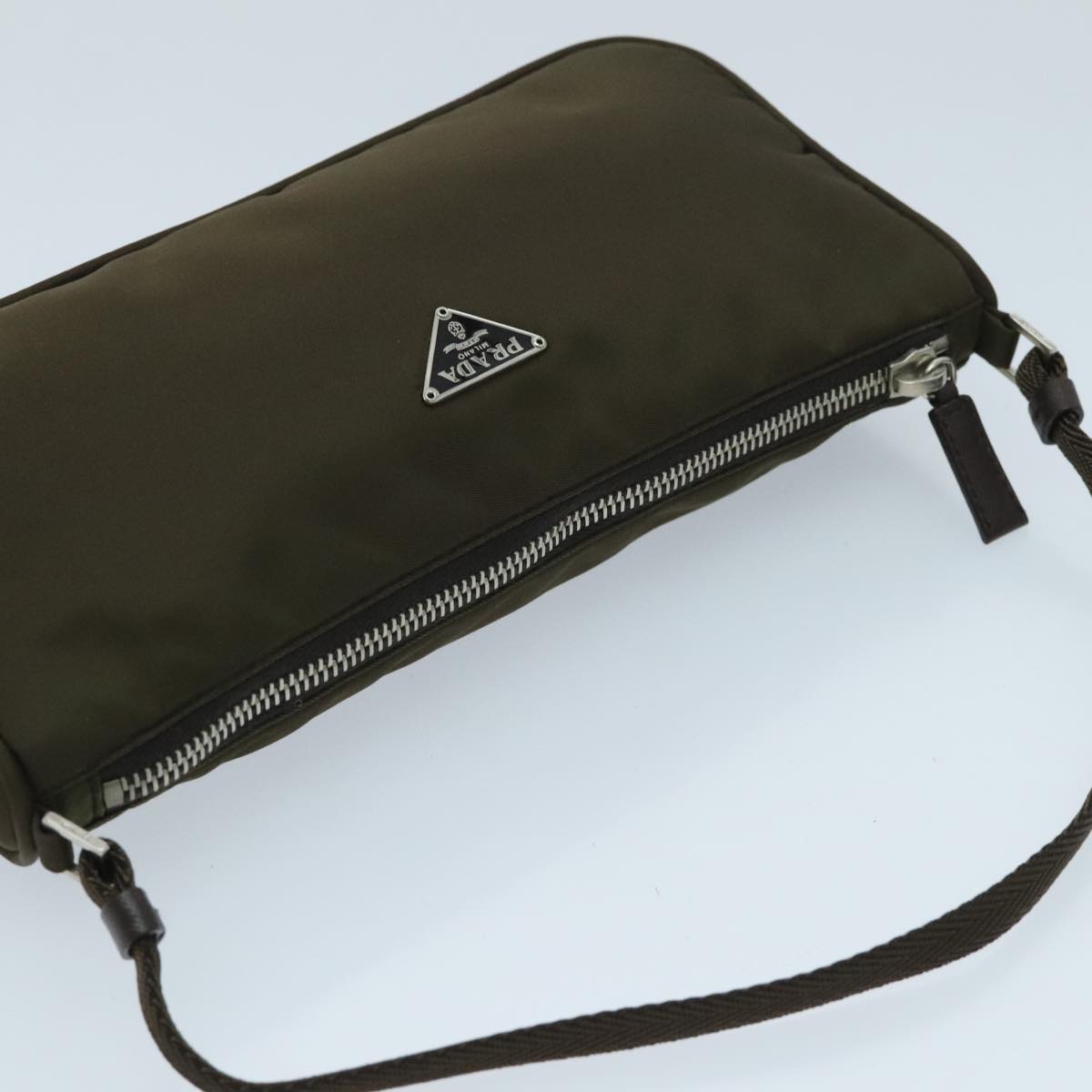 PRADA Accessory Pouch Nylon Khaki Silver Auth ep6170