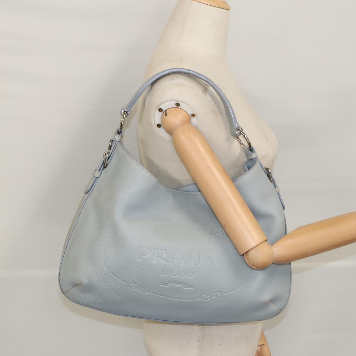 PRADA Hand Bag Leather Light Blue Silver Auth ep6171