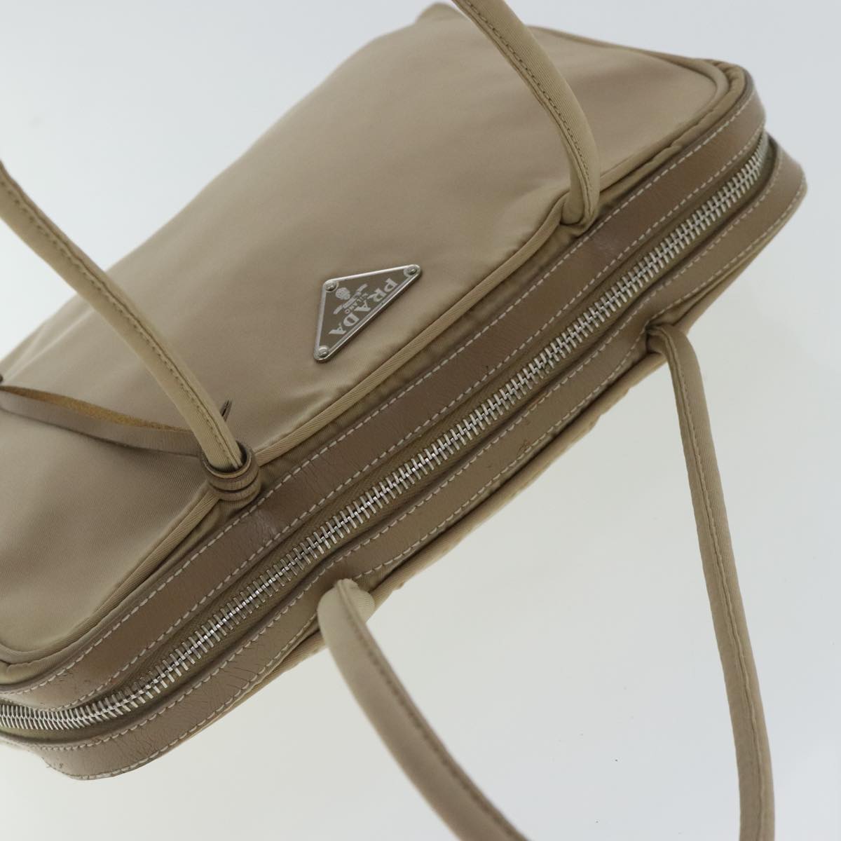 PRADA Hand Bag Nylon Beige Silver Auth ep6172