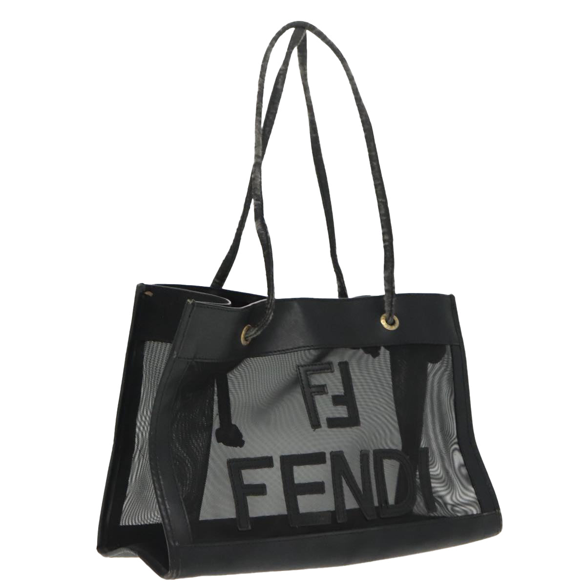 FENDI Mesh Tote Bag Leather Black Auth ep6207