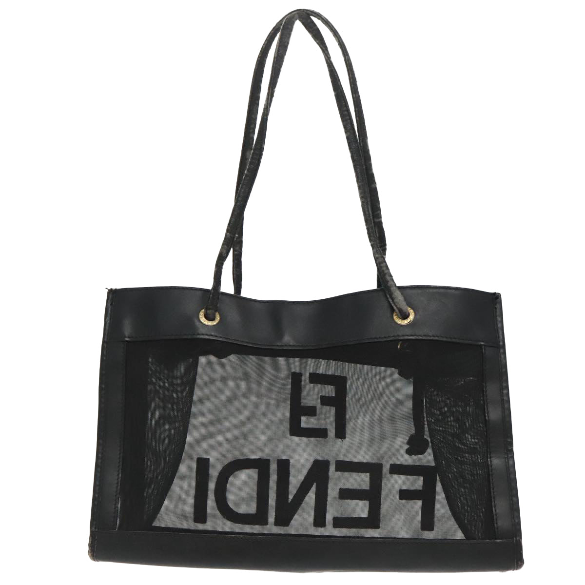 FENDI Mesh Tote Bag Leather Black Auth ep6207 - 0