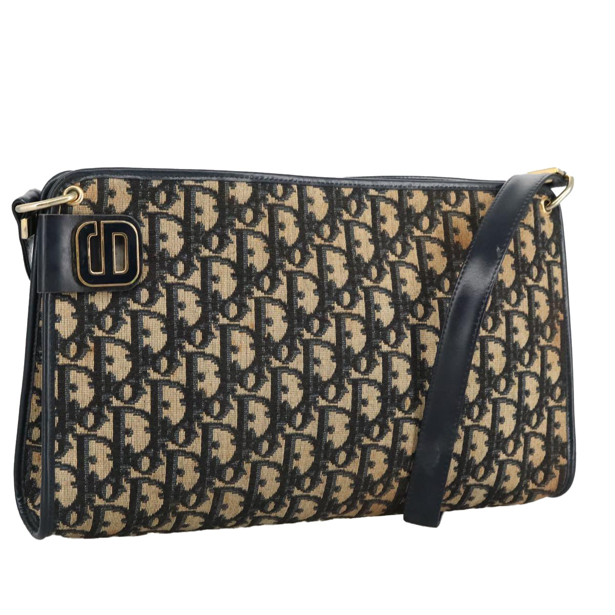 Christian Dior Trotter Canvas Shoulder Bag Navy Gold Auth ep6208