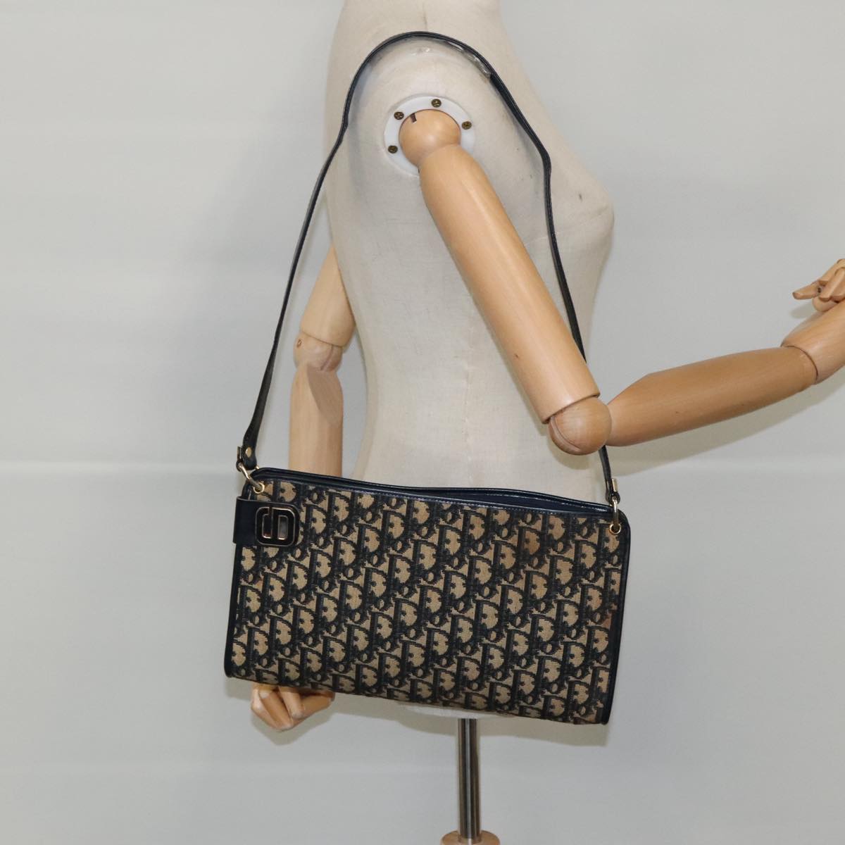 Christian Dior Trotter Canvas Shoulder Bag Navy Gold Auth ep6208