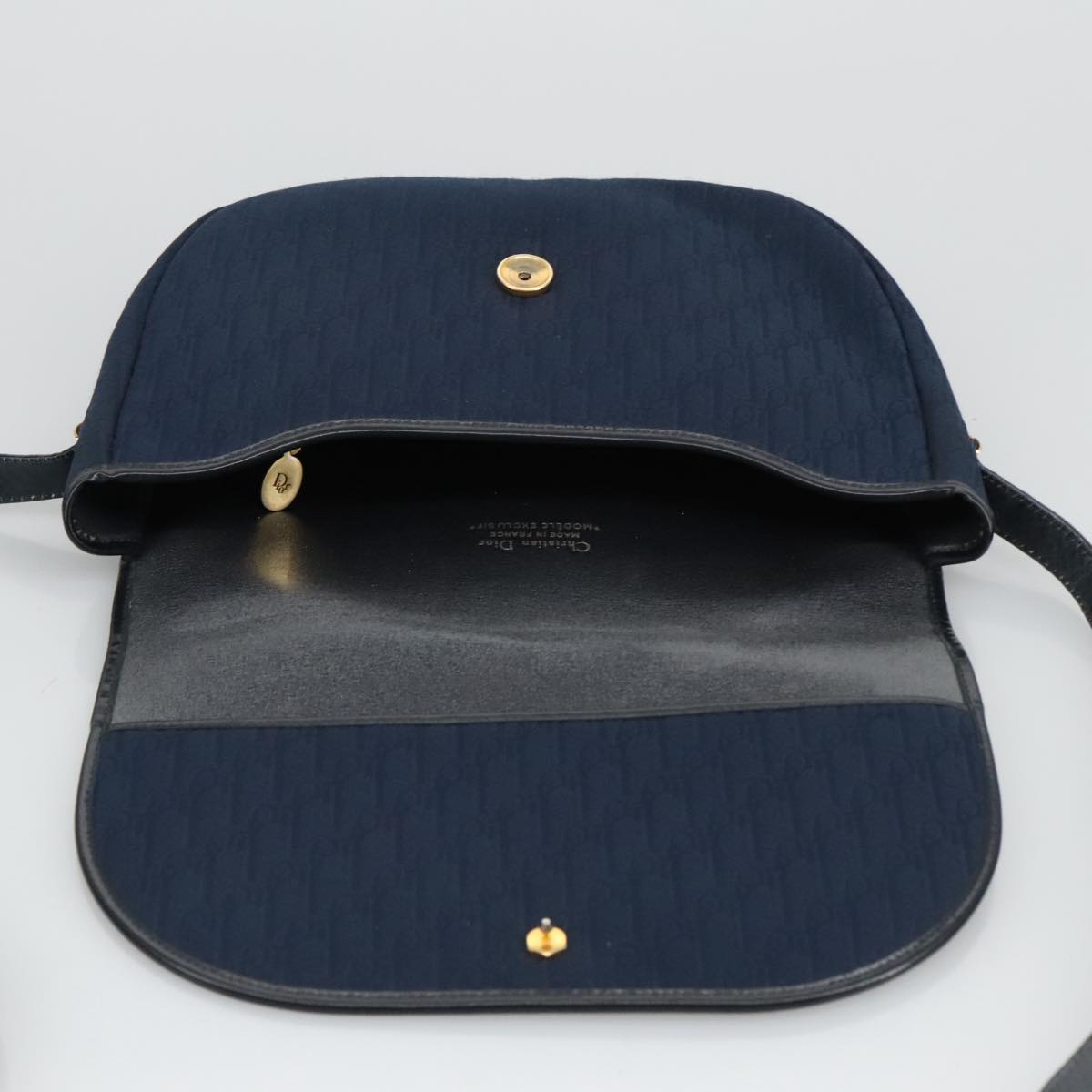 Christian Dior Trotter Canvas Shoulder Bag Navy Gold Auth ep6229