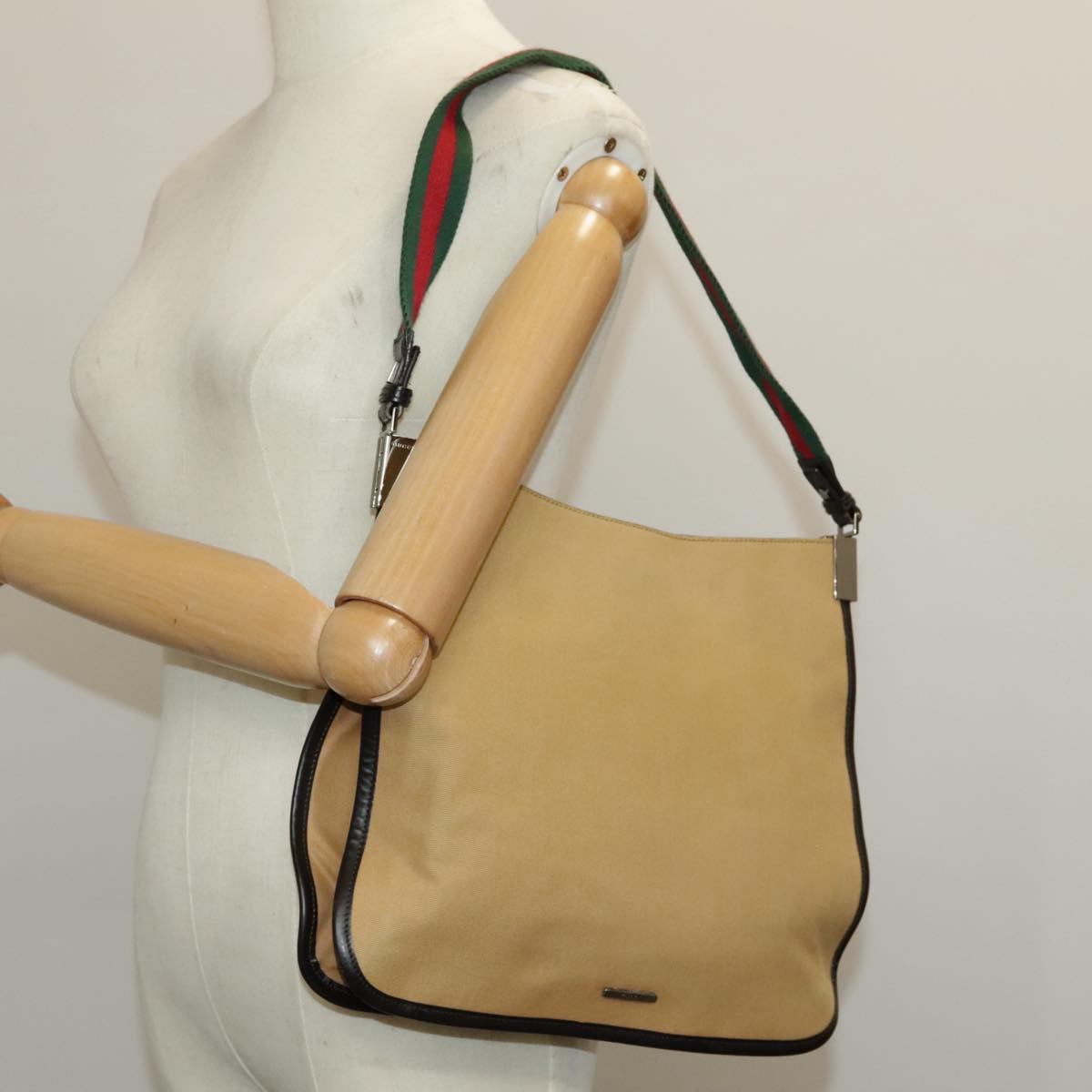 GUCCI Web Sherry Line Shoulder Bag Canvas Beige Silver 001 4321 2684 Auth ep6232