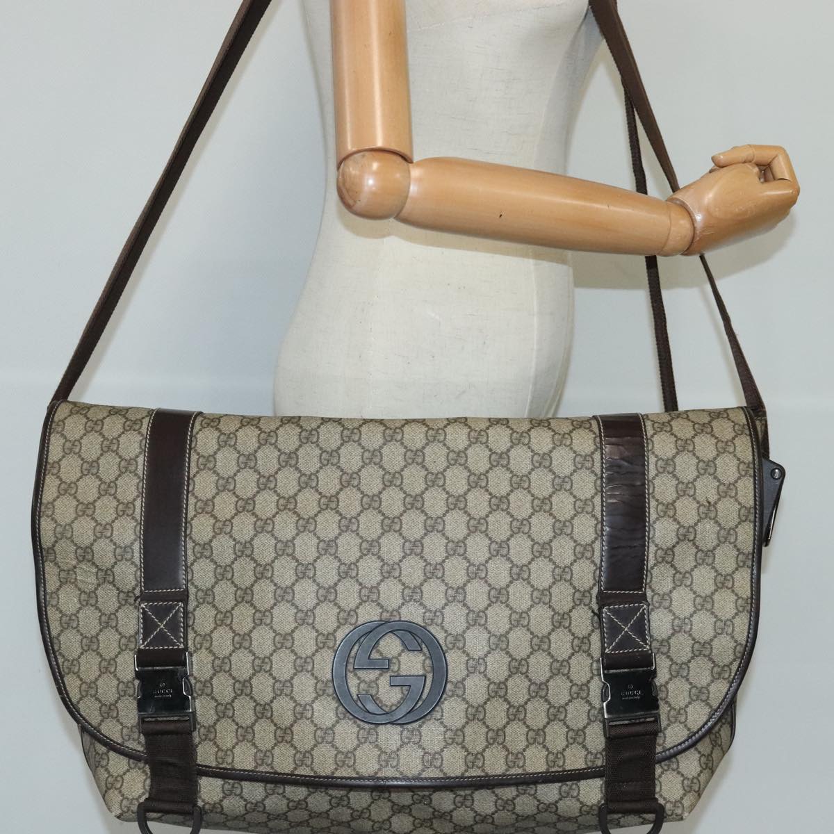 GUCCI GG Supreme Shoulder Bag PVC Leather Beige 246334 Auth ep6246