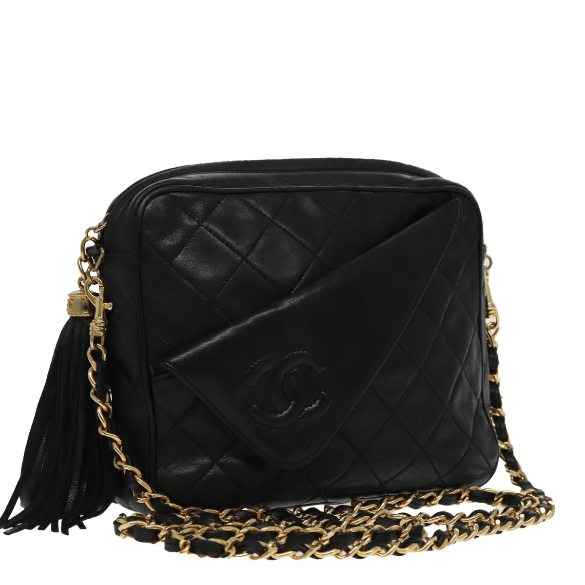 CHANEL Matelasse Chain Shoulder Bag Lamb Skin Black Gold CC Auth ep6251