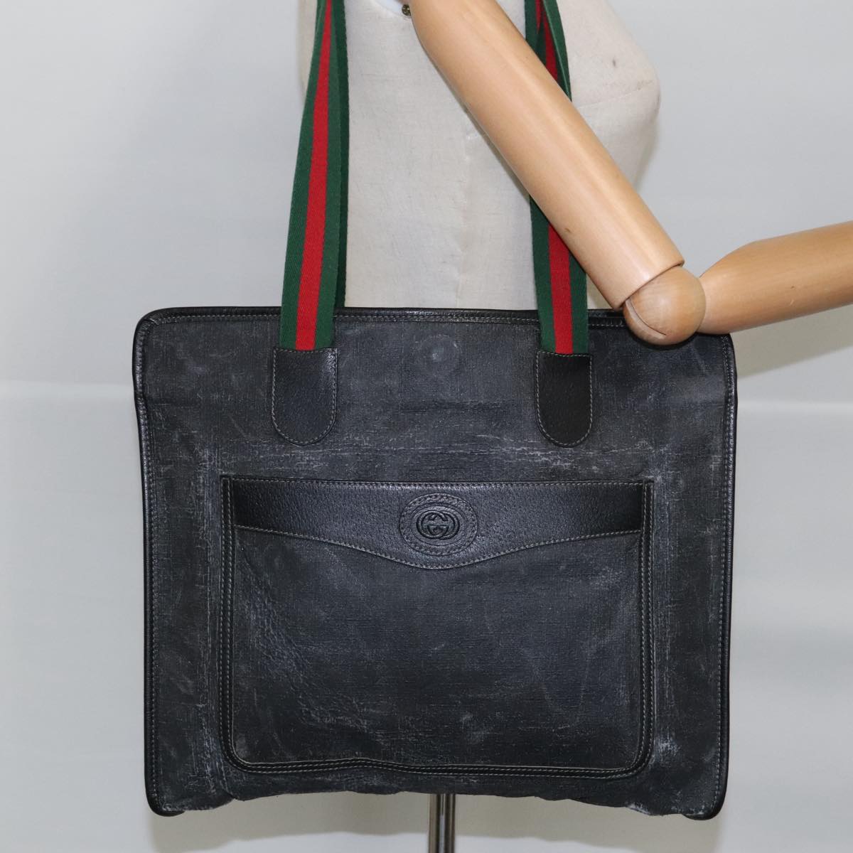 GUCCI Web Sherry Line Tote Bag Coated Canvas Black Red 156 02 997 Auth ep6259