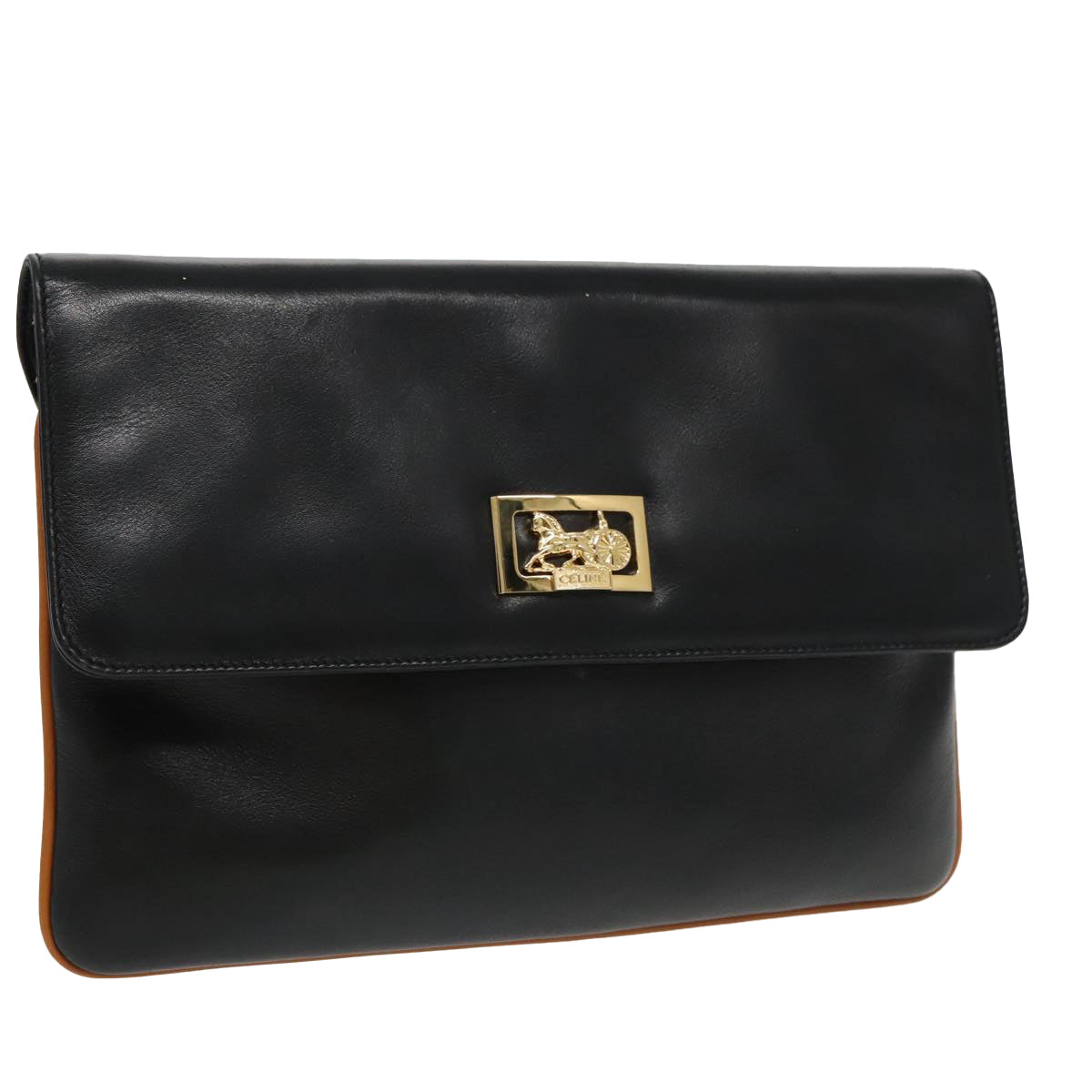 CELINE Horse Carriage Clutch Bag Leather Black Gold Auth ep6260