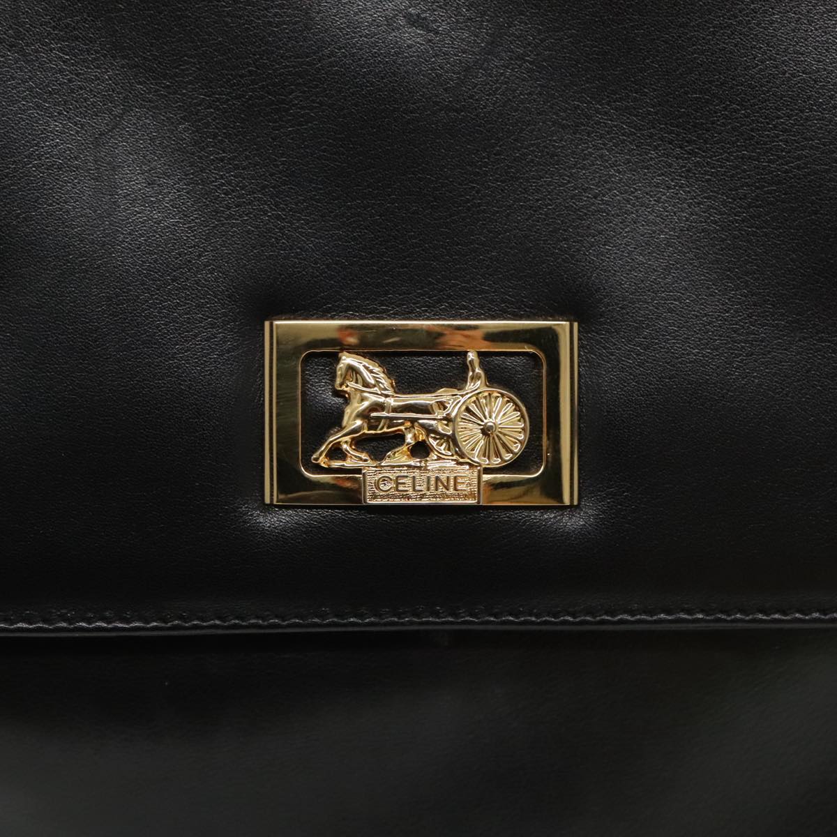 CELINE Horse Carriage Clutch Bag Leather Black Gold Auth ep6260