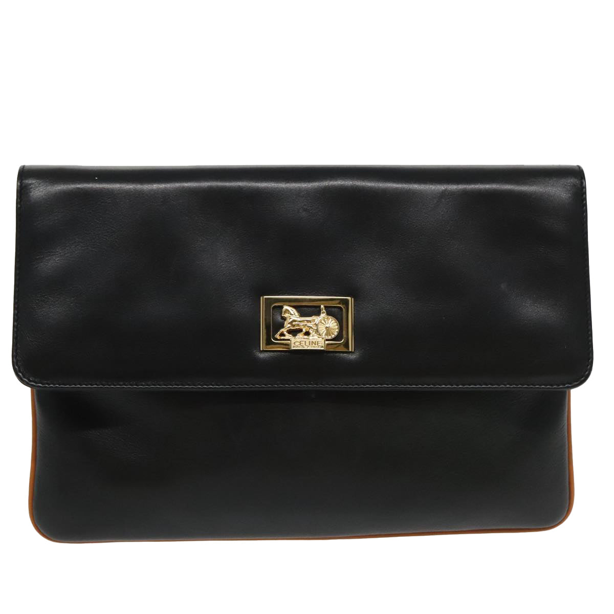 CELINE Horse Carriage Clutch Bag Leather Black Gold Auth ep6260 - 0