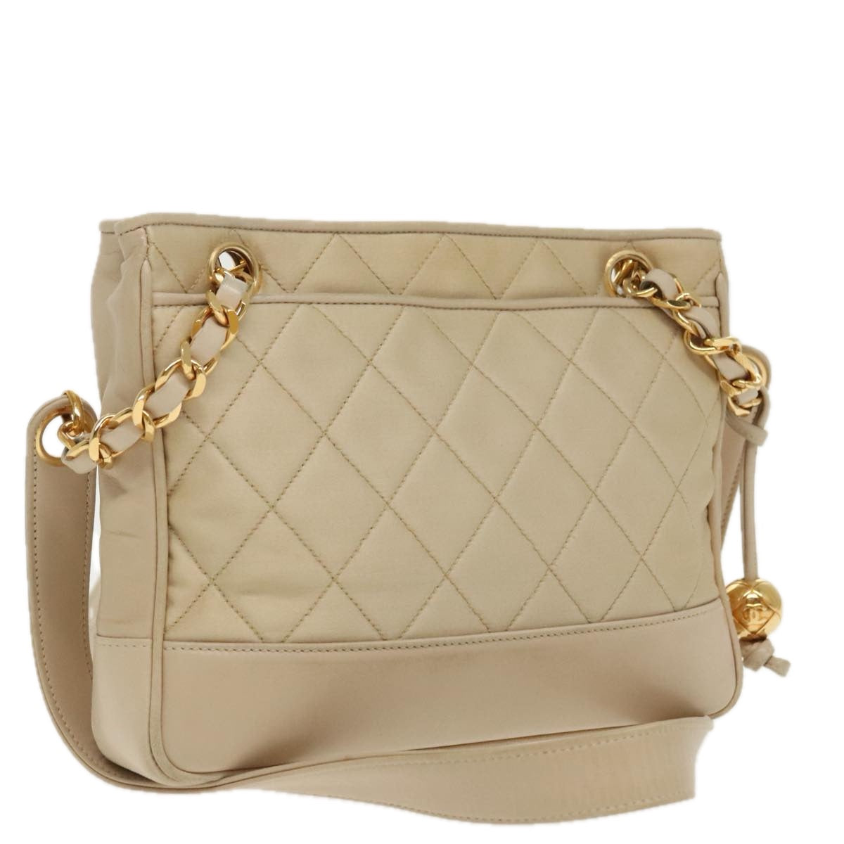 CHANEL Matelasse Chain Shoulder Bag Satin Beige Gold CC Auth ep6261