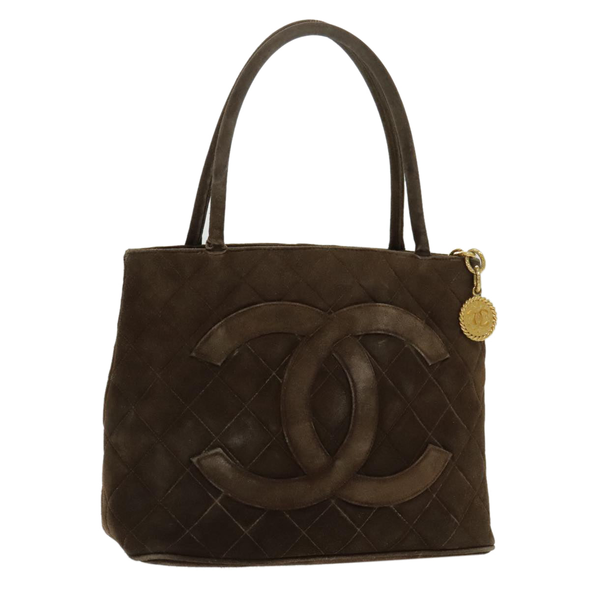 CHANEL COCO Mark Standard Tote Bag Suede Brown Gold CC Auth ep6266