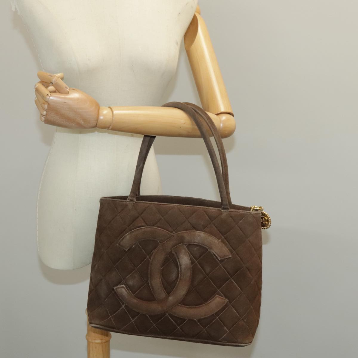 CHANEL COCO Mark Standard Tote Bag Suede Brown Gold CC Auth ep6266