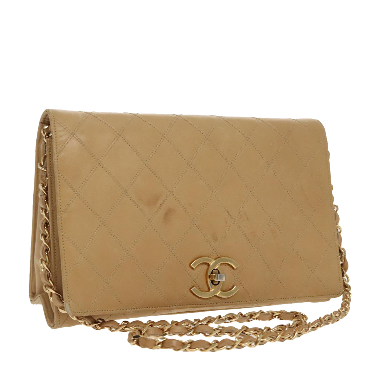 CHANEL Bicolore Chain Shoulder Bag Lamb Skin Beige Gold CC Auth ep6282