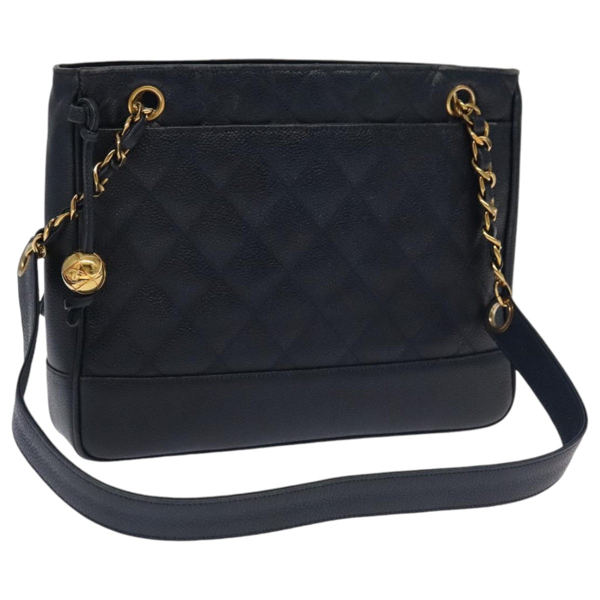 CHANEL Matelasse Chain Shoulder Bag Caviar Skin Navy Gold CC Auth ep6286