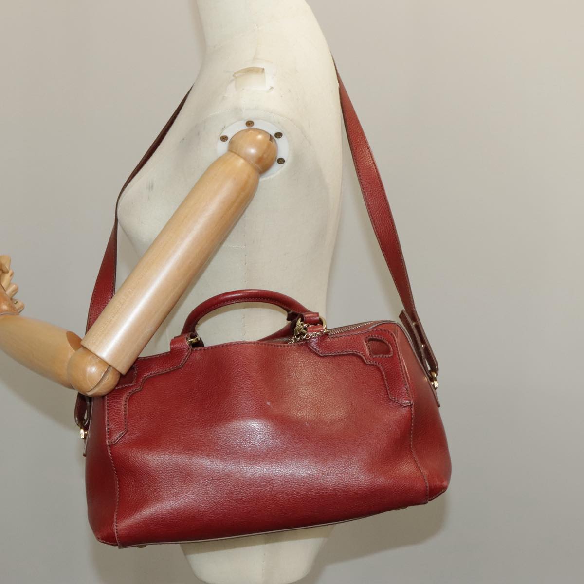 CARTIER Hand Bag Leather 2way Red Gold Auth ep6295