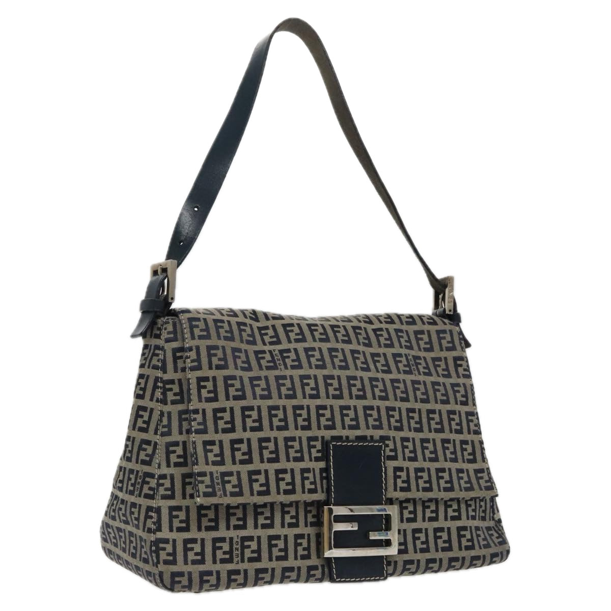 FENDI Zucchino Canvas Mamma Baguette Shoulder Bag Navy Silver Auth ep6302