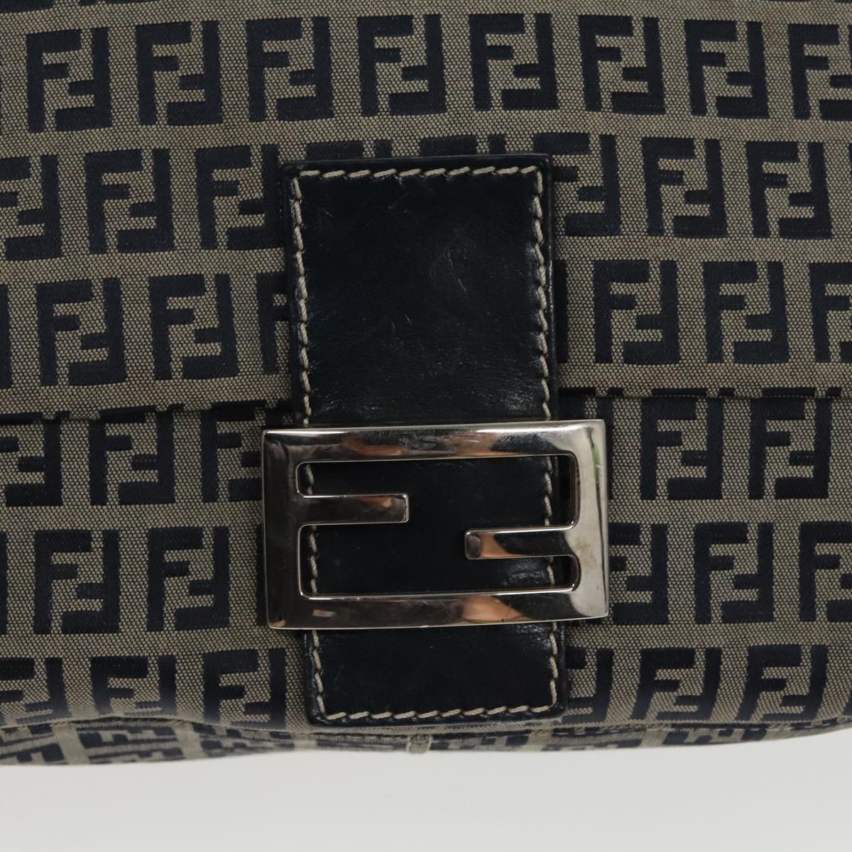 FENDI Zucchino Canvas Mamma Baguette Shoulder Bag Navy Silver Auth ep6302