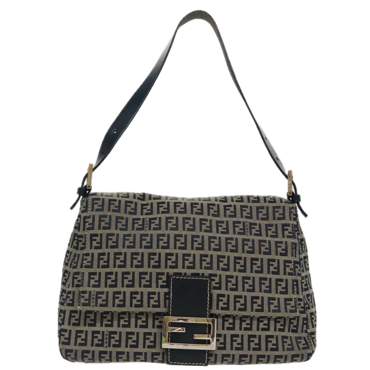 FENDI Zucchino Canvas Mamma Baguette Shoulder Bag Navy Silver Auth ep6302