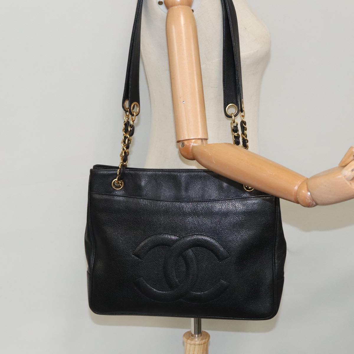 CHANEL COCO Mark Chain Tote Bag Caviar Skin Black Gold CC Auth ep6304