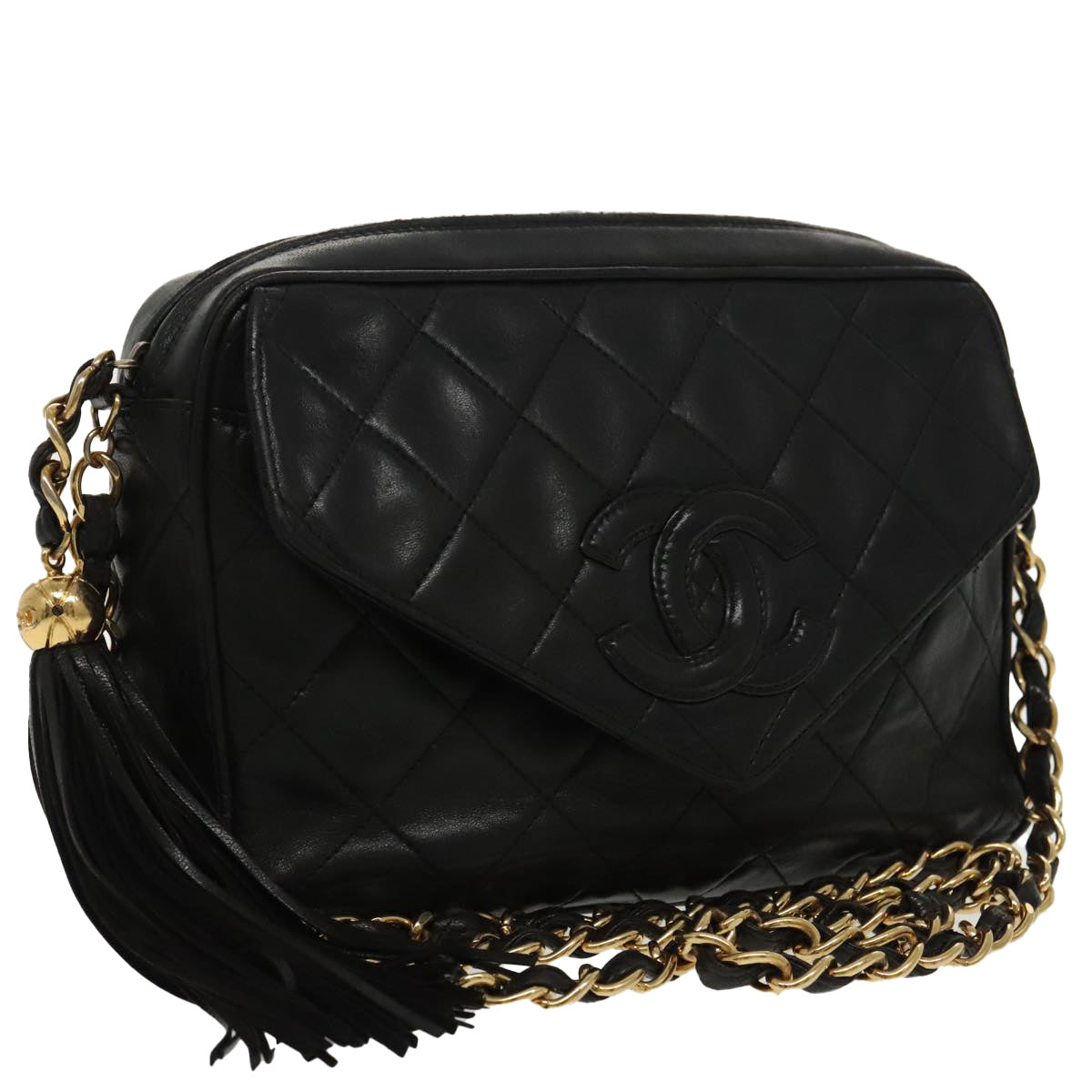 CHANEL Matelasse Chain Shoulder Bag Lamb Skin Black Gold CC Auth ep6305