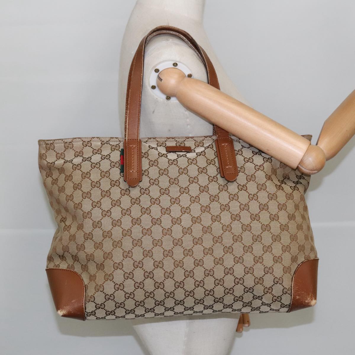 GUCCI GG Canvas Tote Bag Beige Silver 308928 Auth ep6333