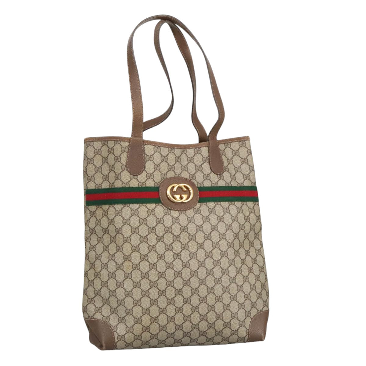 GUCCI GG Supreme Web Sherry Line Interlocking Tote Bag PVC Beige Auth ep6353