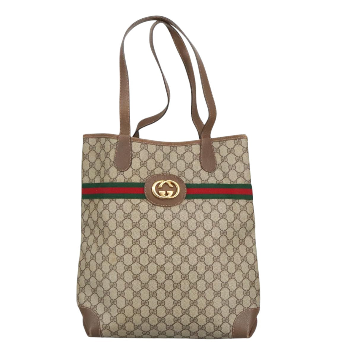 GUCCI GG Supreme Web Sherry Line Interlocking Tote Bag PVC Beige Auth ep6353