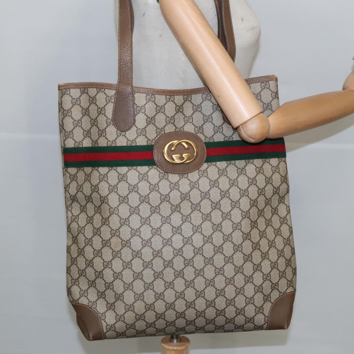 GUCCI GG Supreme Web Sherry Line Interlocking Tote Bag PVC Beige Auth ep6353