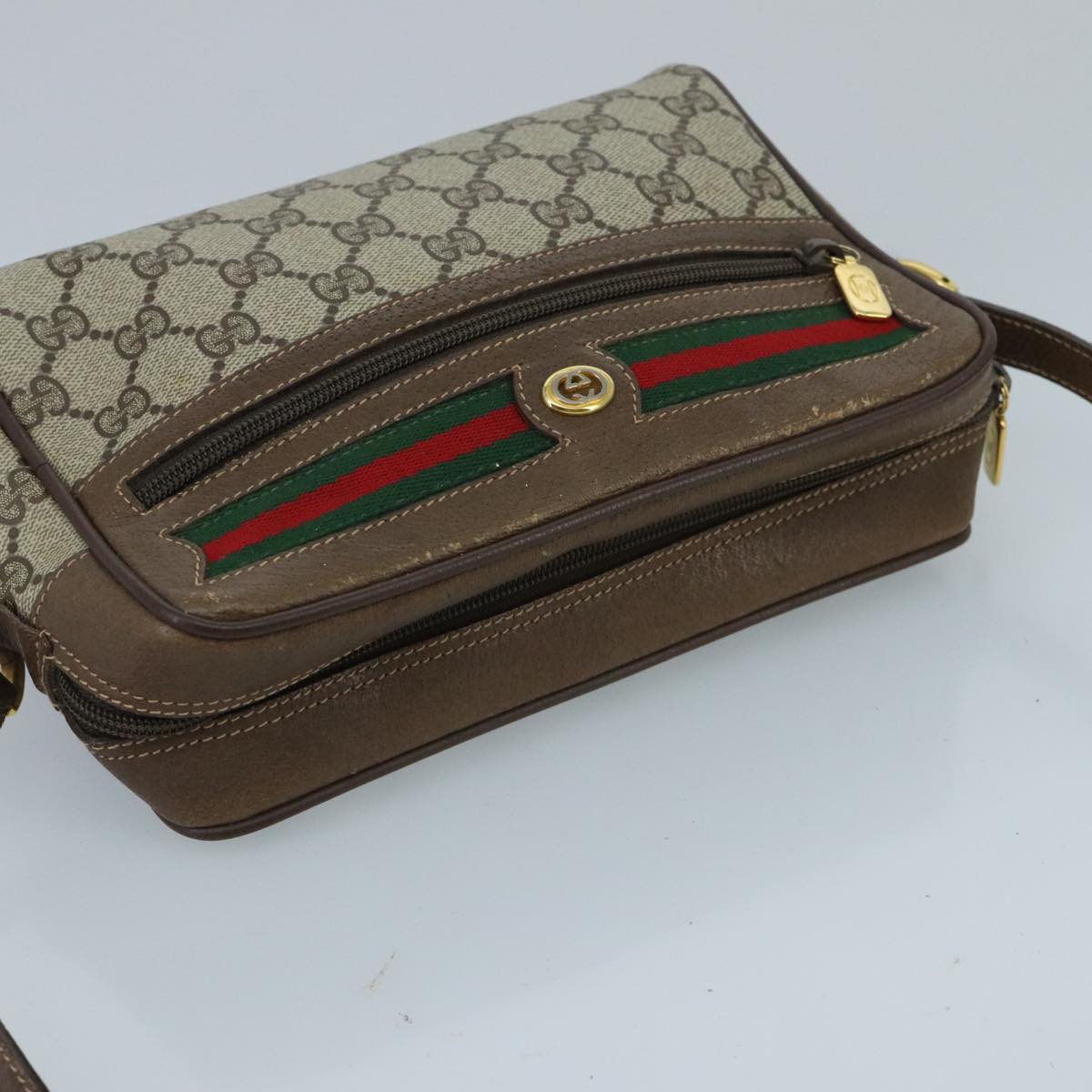 GUCCI GG Supreme Web Sherry Line Shoulder Bag PVC Beige Red Green Auth ep6358