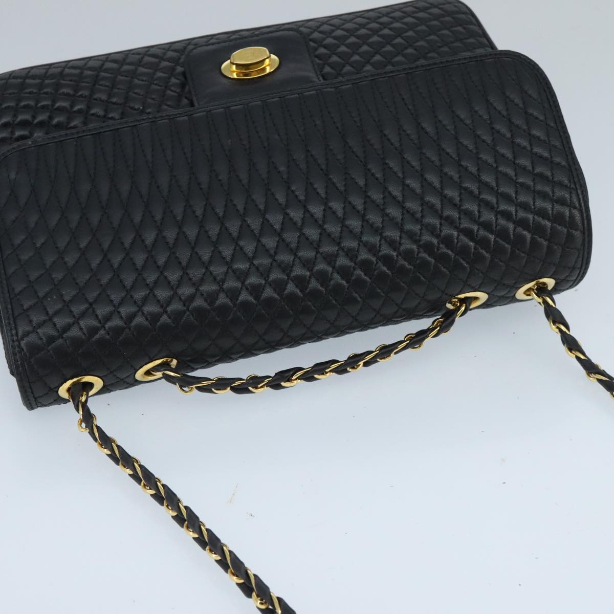 BALLY Chain Shoulder Bag Leather Black Gold Auth ep6406