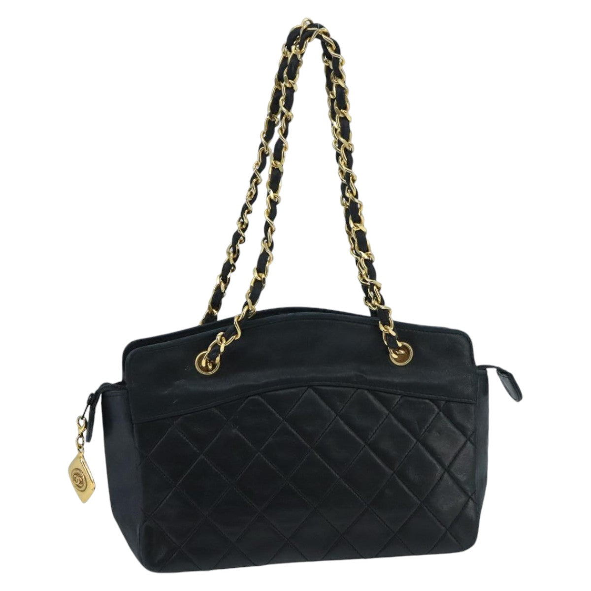 CHANEL Matelasse Chain Hand Bag Lamb Skin Navy Gold CC Auth ep6416