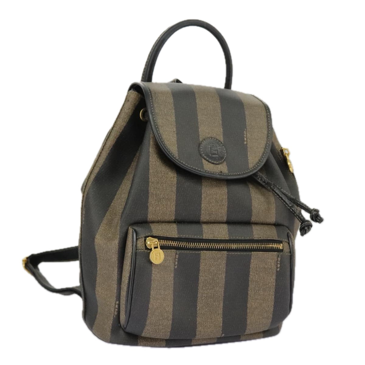 FENDI Pecan Canvas Backpack Brown Black gold Auth ep6451