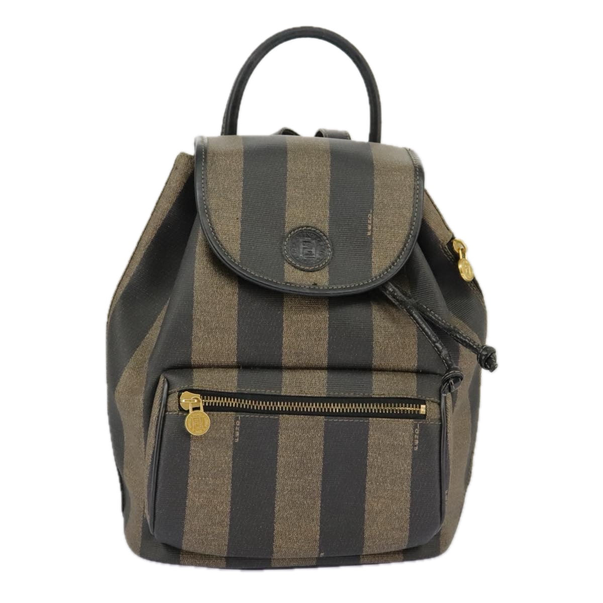 FENDI Pecan Canvas Backpack Brown Black gold Auth ep6451