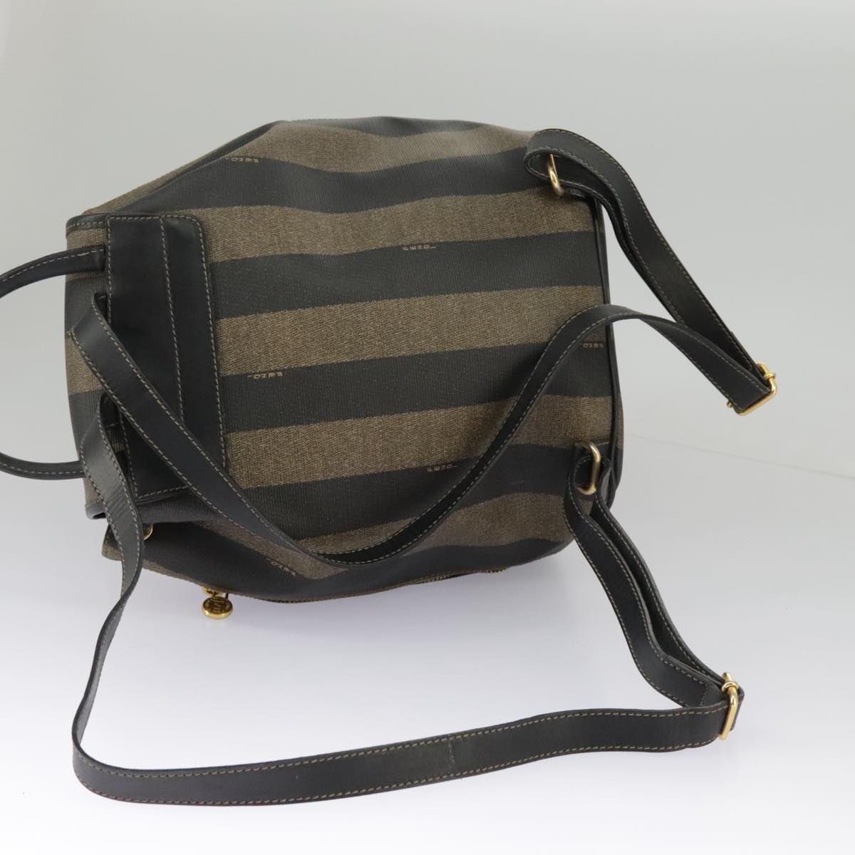 FENDI Pecan Canvas Backpack Brown Black gold Auth ep6451