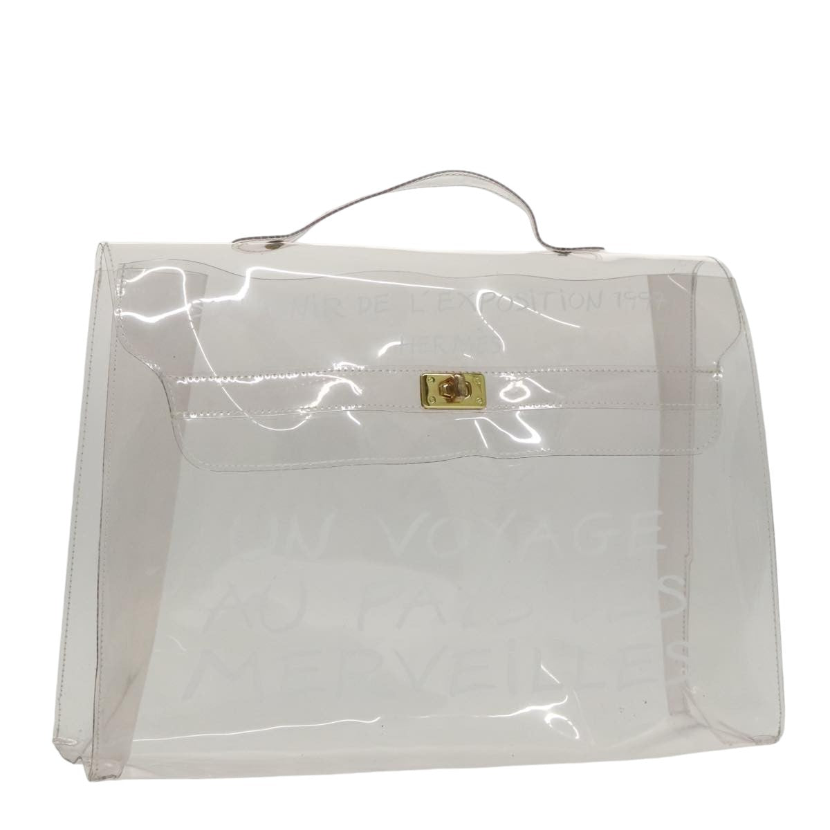 HERMES Vinyl Kelly Hand Bag Vinyl Clear Gold Auth ep6475