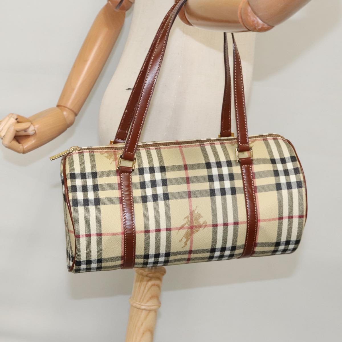 BURBERRY Nova Check Hand Bag PVC Gold Beige Auth ep6554