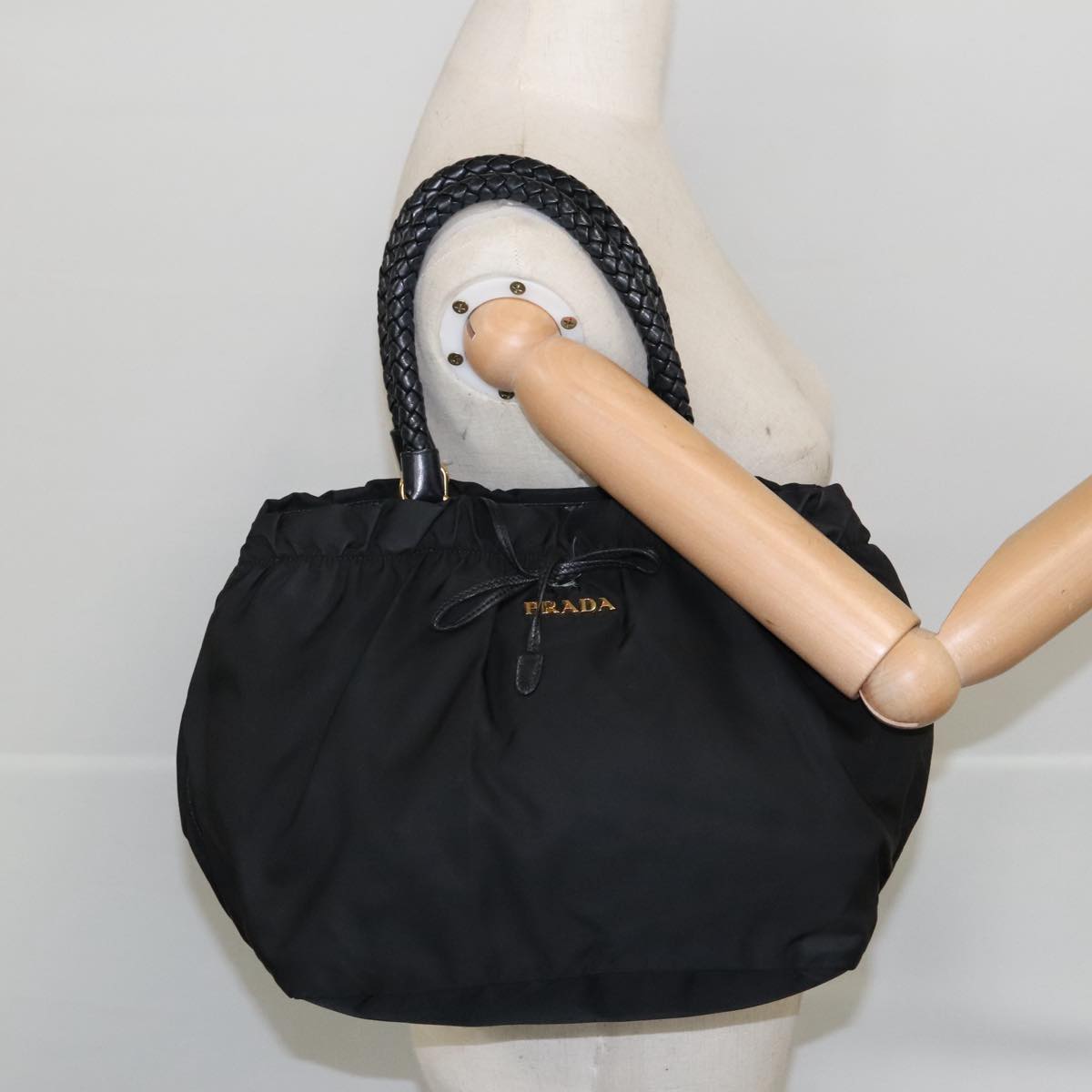 PRADA Hand Bag Nylon Black Gold Auth ep6566