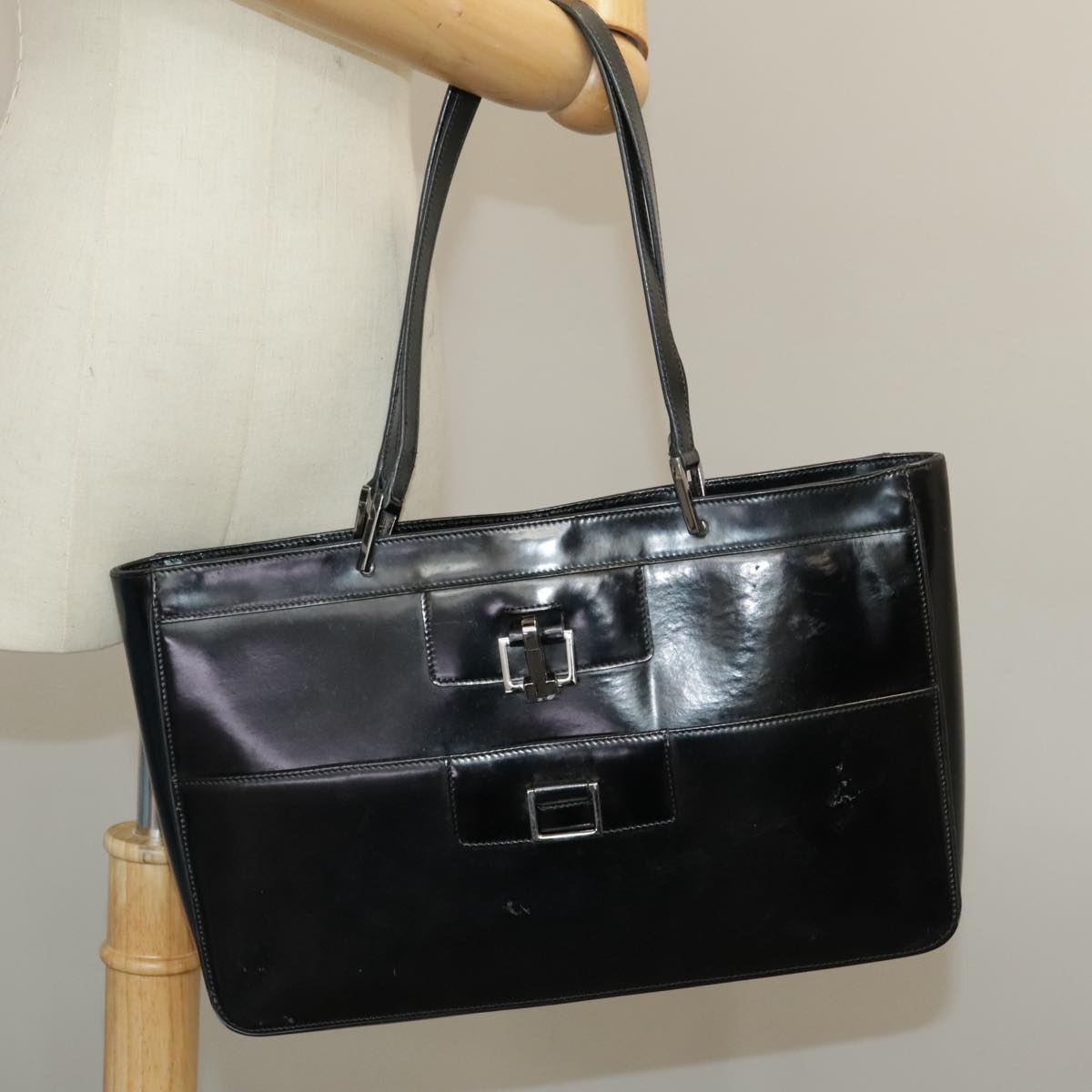 GUCCI Tote Bag Patent leather Black Silver 002 1133 Auth ep6570