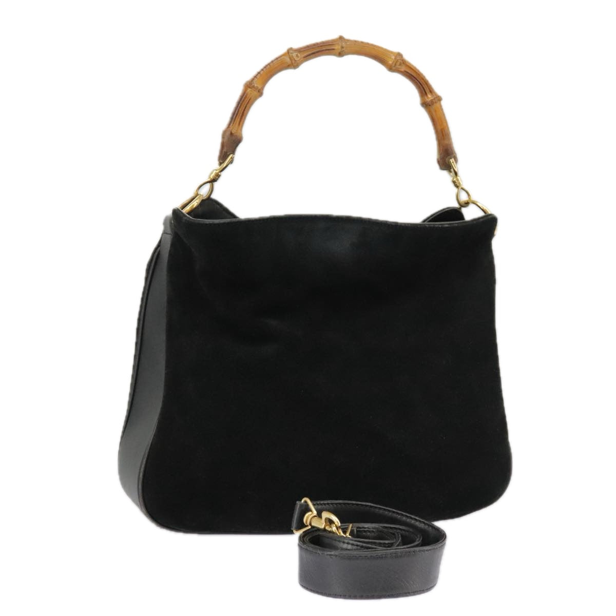 GUCCI Bamboo Hand Bag Suede Leather 2way Black Gold 001 3444 1638 Auth ep6584