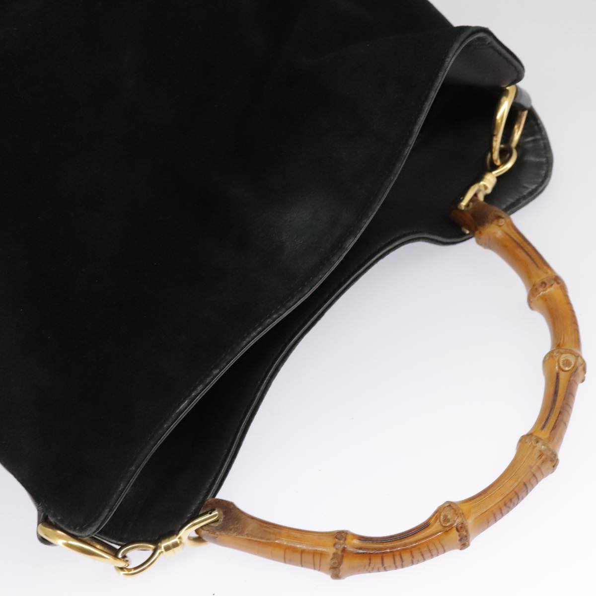 GUCCI Bamboo Hand Bag Suede Leather 2way Black Gold 001 3444 1638 Auth ep6584