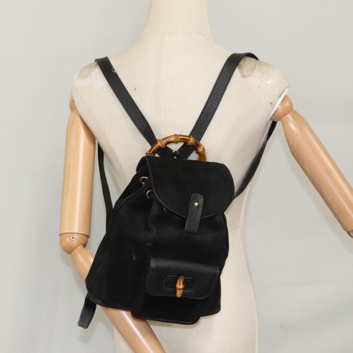 GUCCI Bamboo Backpack Suede Black Gold 003 1705 0030 Auth ep6590